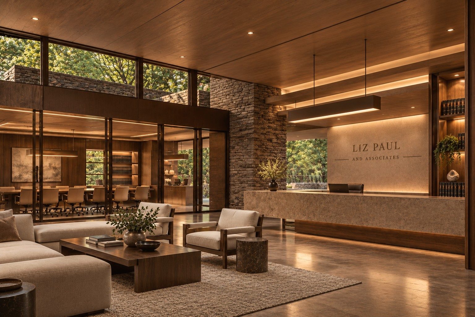 Reception area with the Liz Paul and Associates name on the wall