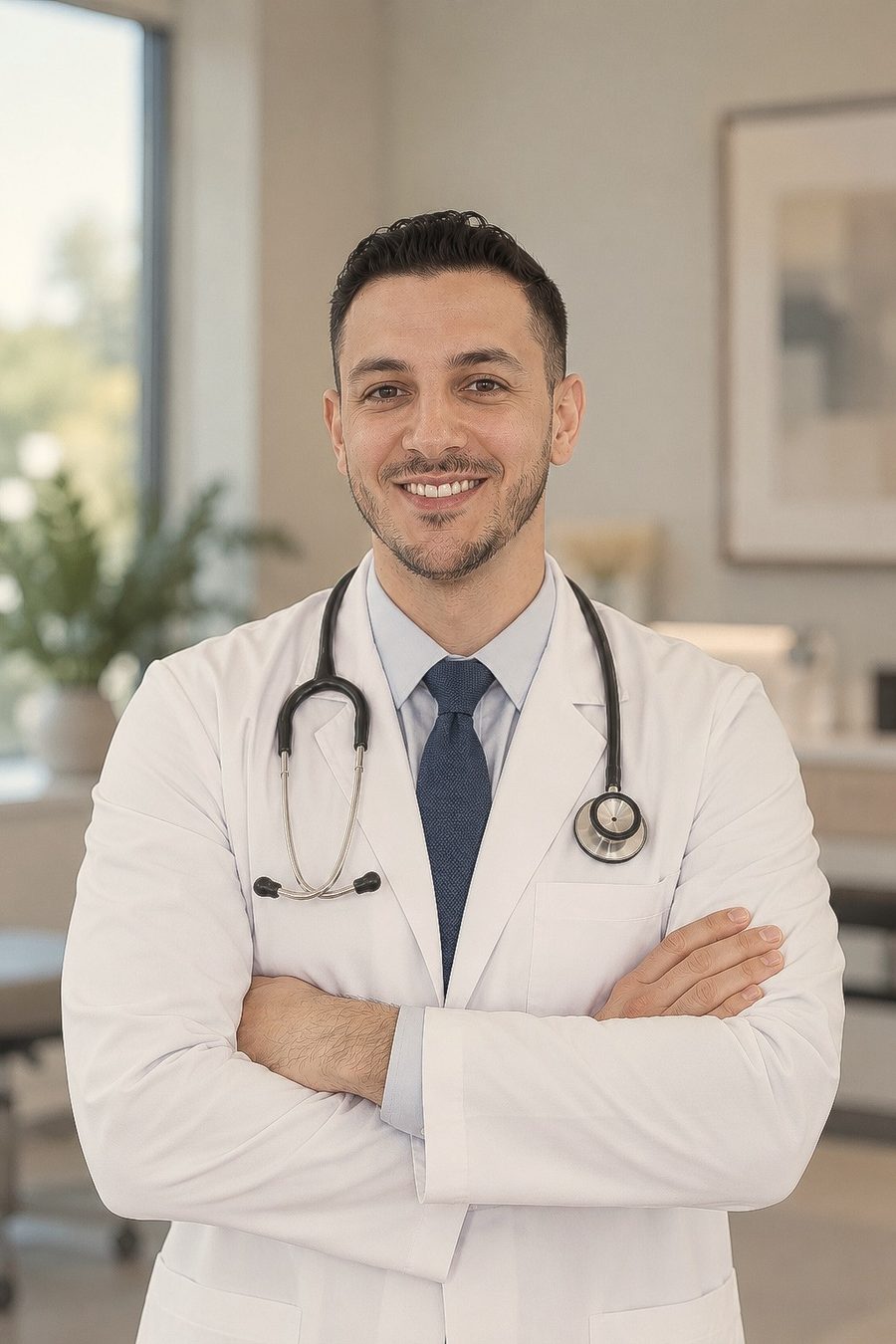 A physician in a white coat standing in a bright clinic